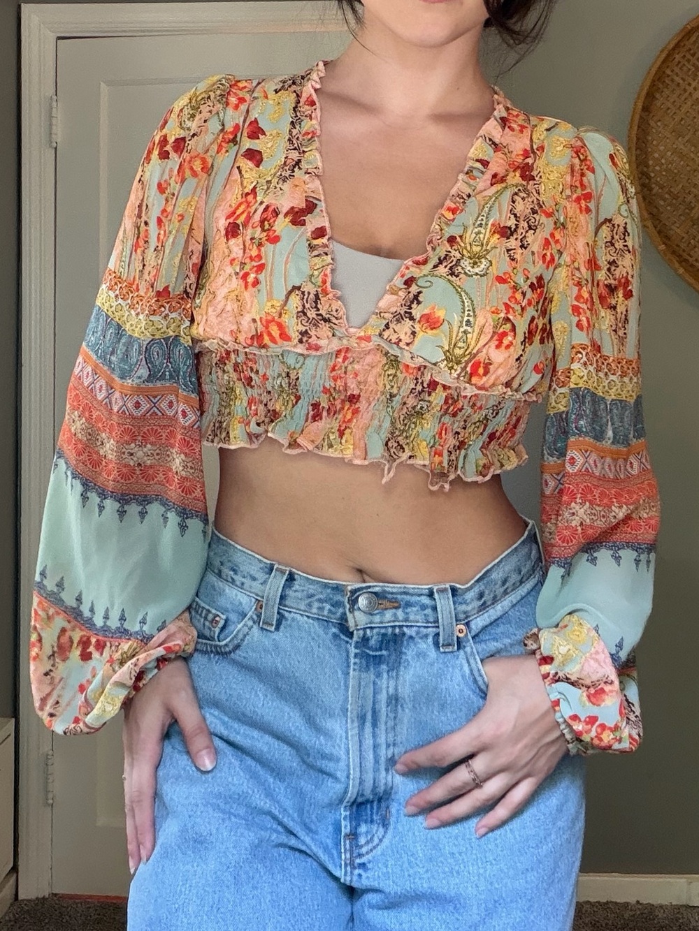 Sage & Coral Floral Smocked Cropped Peasant Top - Picture 10 of 13